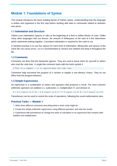 A digital preview page of a Python programming course document titled 'Module 1: Foundations of Syntax', displaying text sections on indentation, comments, and expressions on a white page with a black footer.