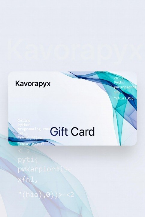 A Kavorapyx gift card with a white background and abstract blue and teal geometric waves, displayed on a light gray background with faint code text.