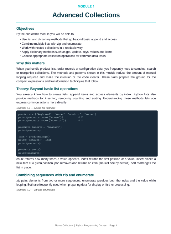 A digital preview page of a Python programming guide titled 'Advanced Collections' under 'MODULE 1'. The page features objectives, text explanations, and a dark code block illustrating list operations with zip and enumerate.