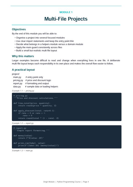 A digital document page titled 'Module 1 Multi-File Projects' with text about objectives and a practical layout, plus two dark code blocks showing Python script examples on a white background.