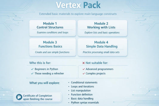 A digital course cover for 'Vertex Pack' showing a light blue and white layout with four modules: Control Structures, Working with Lists, Functions Basics, and Simple Data Handling. It includes a certificate of completion icon and a list of topics covered.