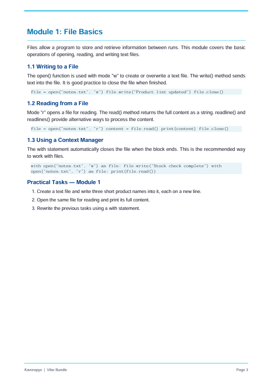 A printed or digital page showing module content titled 'Module 1: File Basics' with text instructions, code examples, and a practical tasks section on a white page with blue headings.
