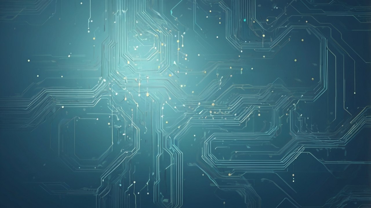 Abstract teal and blue circuit board pattern with glowing light lines and small dots on a dark blue background.