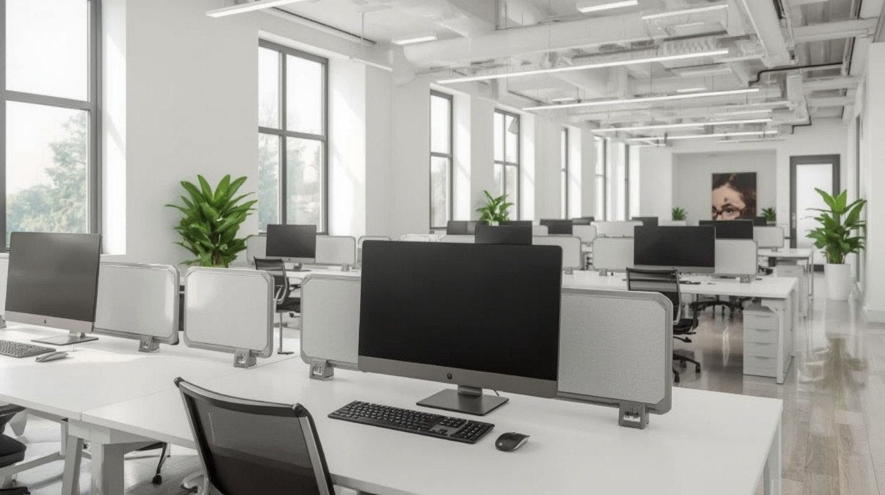 A bright, modern open-plan office space with rows of white desks, computer monitors, office chairs, large windows, and potted green plants.