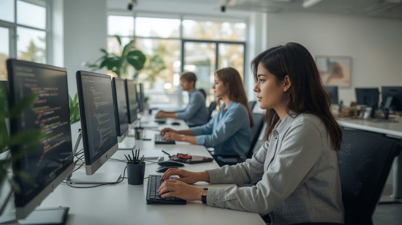 A woman in a light gray blazer works at a computer in a bright modern office, with two other colleagues seated further down the row of desks.
