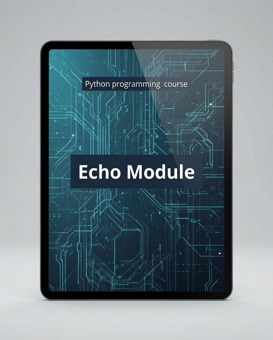 A tablet device displaying a digital course cover titled 'Echo Module' for a Python programming course, set against a clean light gray background.