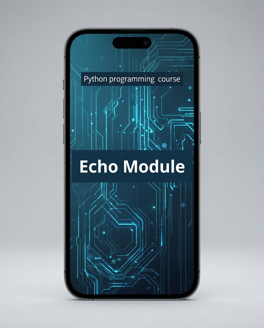 A smartphone centered on a light gray background, displaying a digital course cover for a Python programming course titled 'Echo Module' with a blue circuit board pattern.