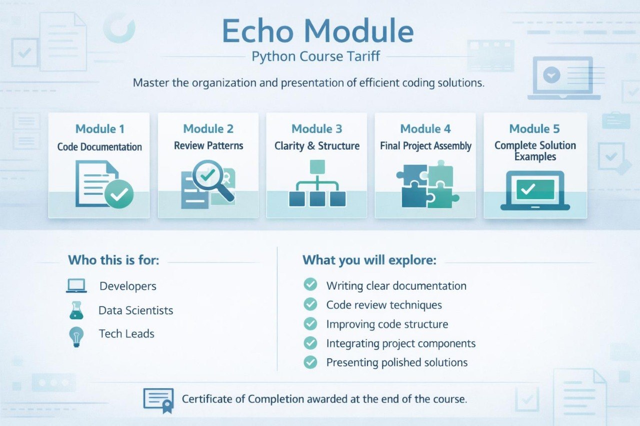 An infographic-style course overview for the Echo Module Python Course Tariff, showing five modules in a row: Code Documentation, Review Patterns, Clarity & Structure, Final Project Assembly, and Complete Examples. Text below lists who this is for and what will be explored, with icons and a certificate mention at the bottom.