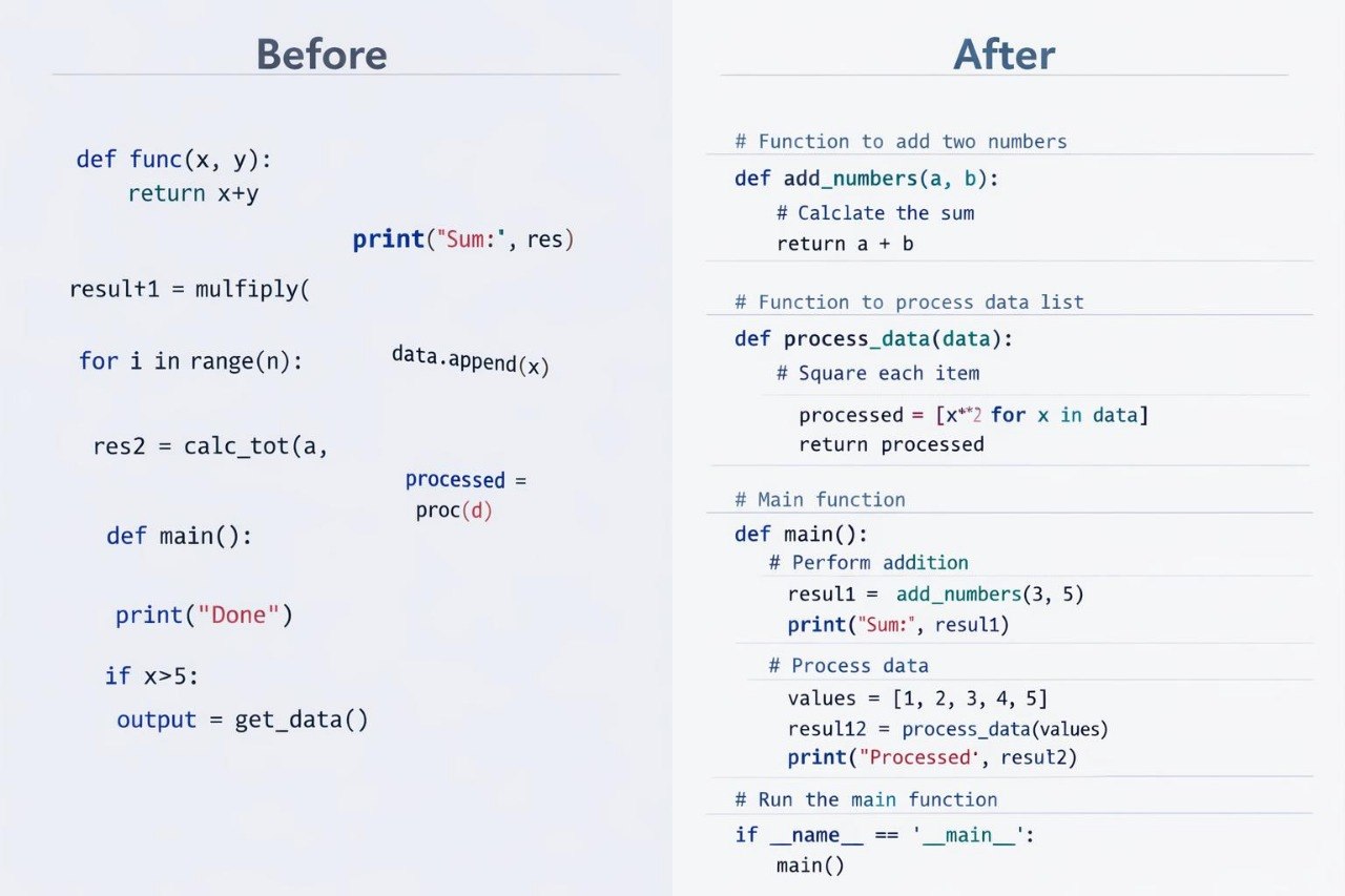 A side-by-side code comparison diagram labeled 'Before' and 'After' showing Python function and list processing code on a light gray background.