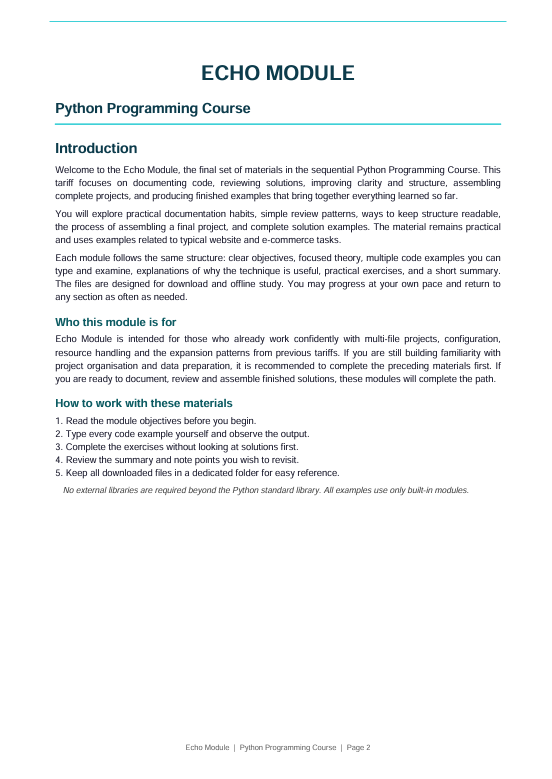 A digital document page titled 'ECHO MODULE Python Programming Course' with the Introduction section, presented in black text on a white background with a light blue horizontal accent line.