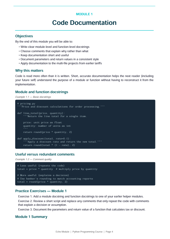 A document page titled 'Code Documentation' with text sections, a code block example, and a practice exercises area on a white background.