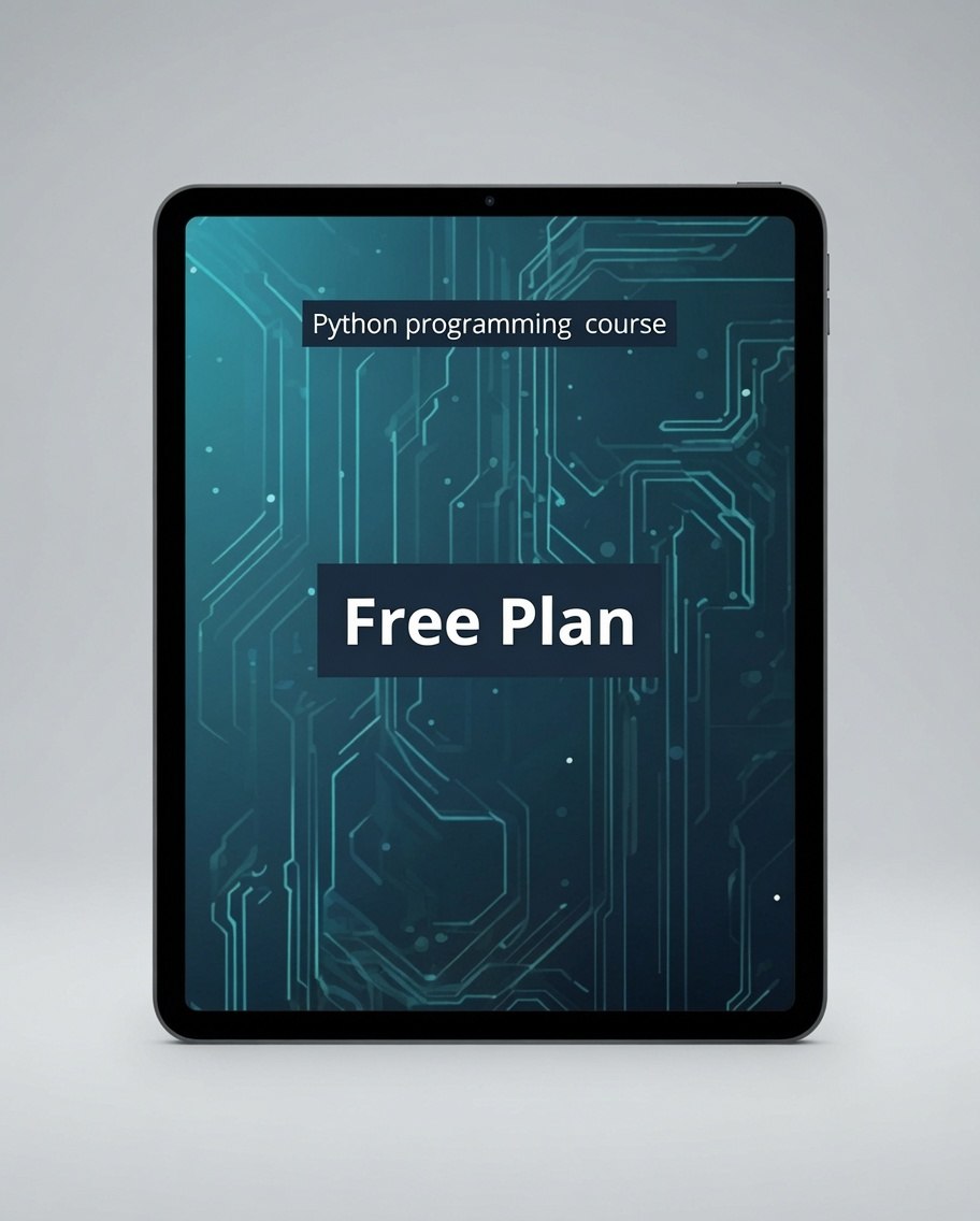 A tablet device centered on a light gray background, displaying a digital cover for a Python programming course with the words 'Free Plan' over a teal circuit-board style graphic.