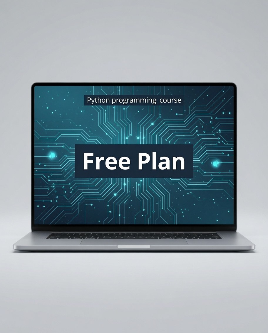A silver laptop centered on a light gray background, displaying a digital course screen that reads 'Python programming course' and 'Free Plan' over a blue circuit-board graphic.