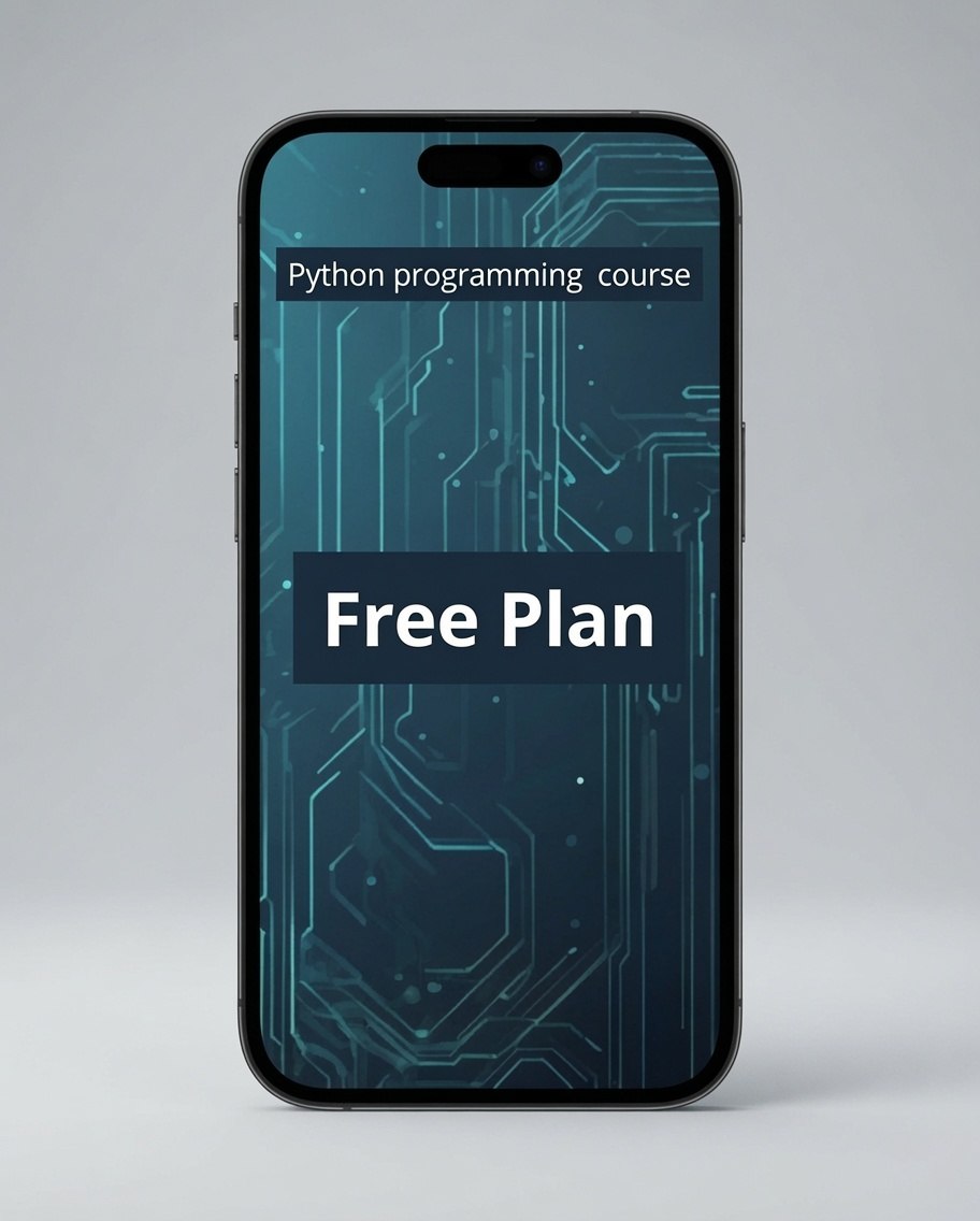 A smartphone centered on a light gray background, displaying a Python programming course screen with a blue circuit-board pattern and the text 'Free Plan'.