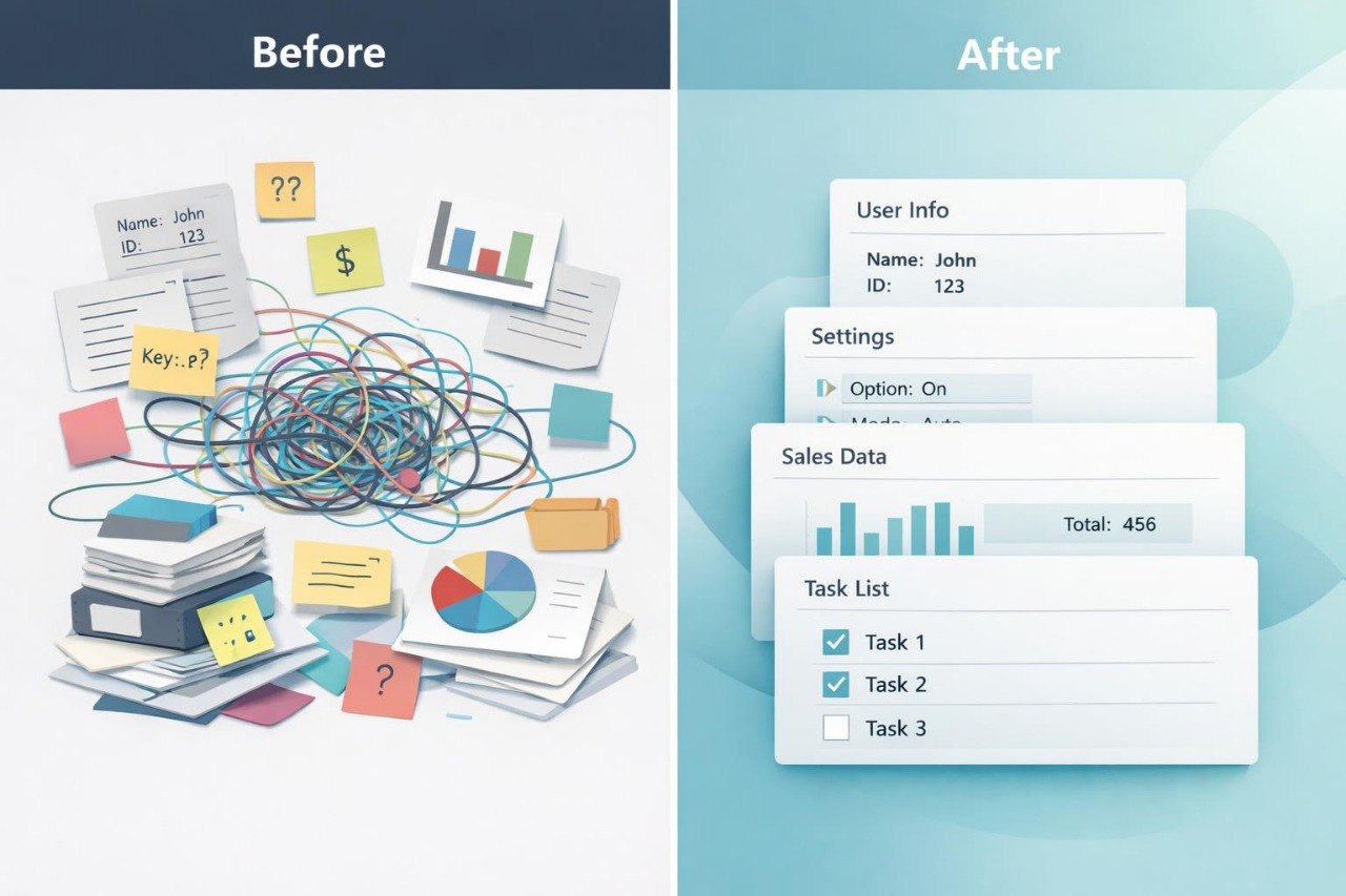 A before-and-after comparison graphic showing a cluttered desk with papers, sticky notes, and tangled lines labeled 'Before,' versus a clean digital interface with stacked cards labeled 'After.'.