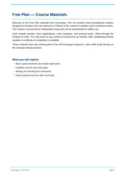 A digital document page titled 'Free Plan — Course Materials' with introductory text about Python course materials and a bulleted list of what will be explored, shown on a white background.
