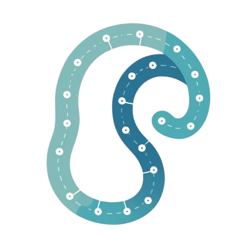A stylized teal and blue ear-shaped graphic with white dots and dashed line details on a plain white background.