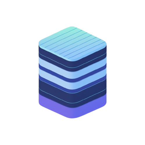A stylized isometric stack of layered square cards or tiles in shades of blue, navy, and purple on a plain white background.