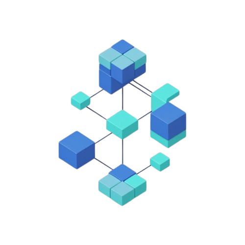 An isometric 3D network or graph illustration composed of blue and teal cubes connected by thin lines on a plain white background.