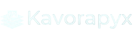 A very pale icy blue Kavorapyx logo with a faint floral emblem on the left and the brand name in lowercase letters on a white background.