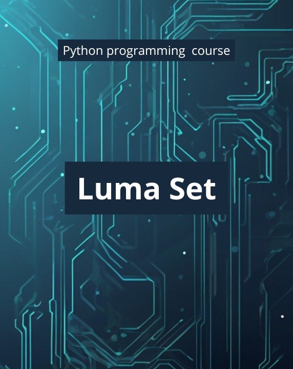 Digital cover graphic for a Python programming course titled 'Luma Set', featuring a dark teal and blue circuit board pattern with glowing cyan lines and white text.