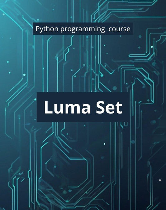 Digital cover graphic for a Python programming course titled 'Luma Set', featuring a dark teal and blue circuit board pattern with glowing cyan lines and white text.