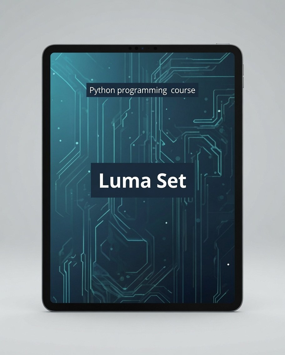 A tablet device displaying a digital cover for a Python programming course titled 'Luma Set' on a light gray background.