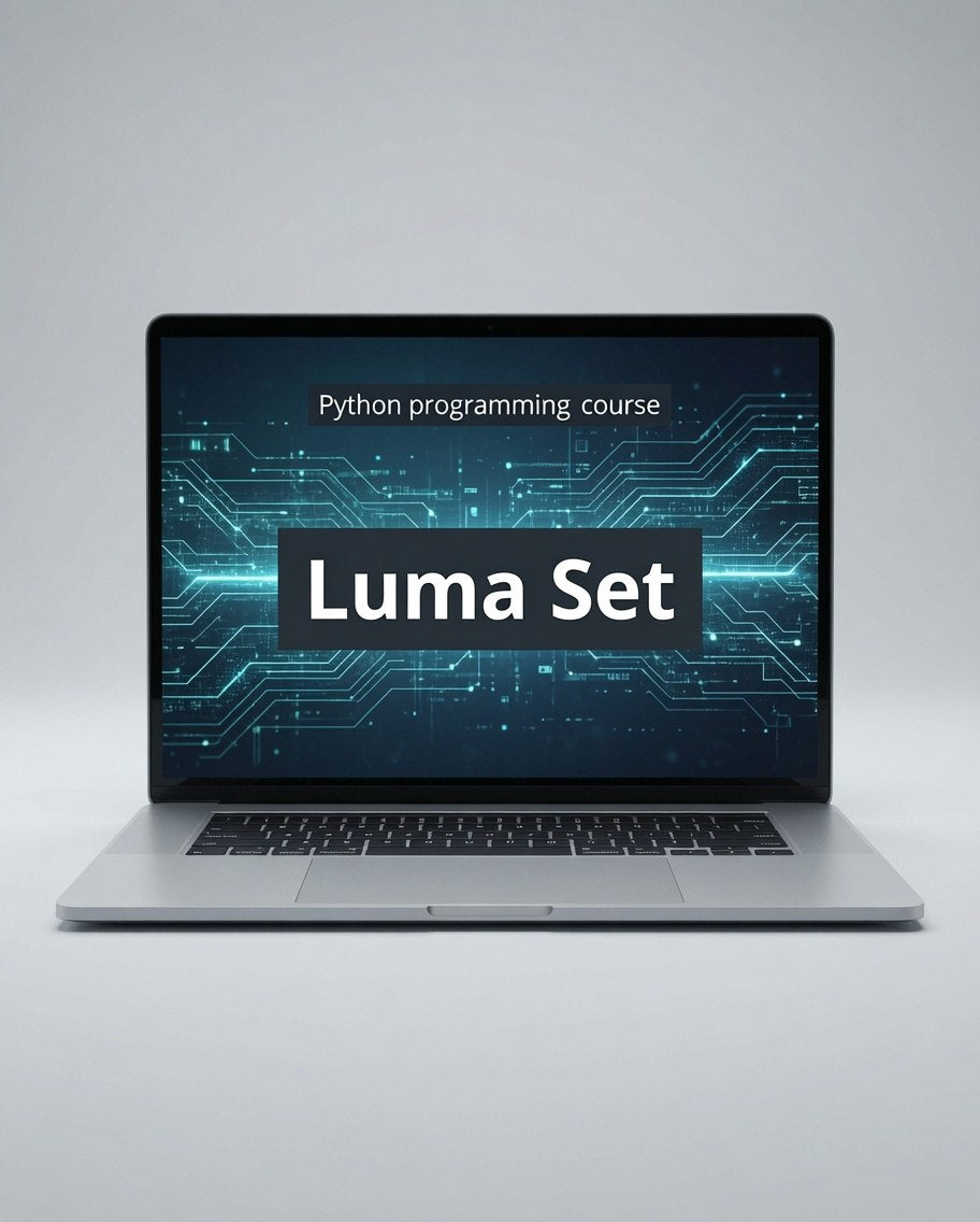 A silver laptop centered on a light gray background, displaying a Python programming course screen with the text 'Luma Set' over a blue circuit-board graphic.
