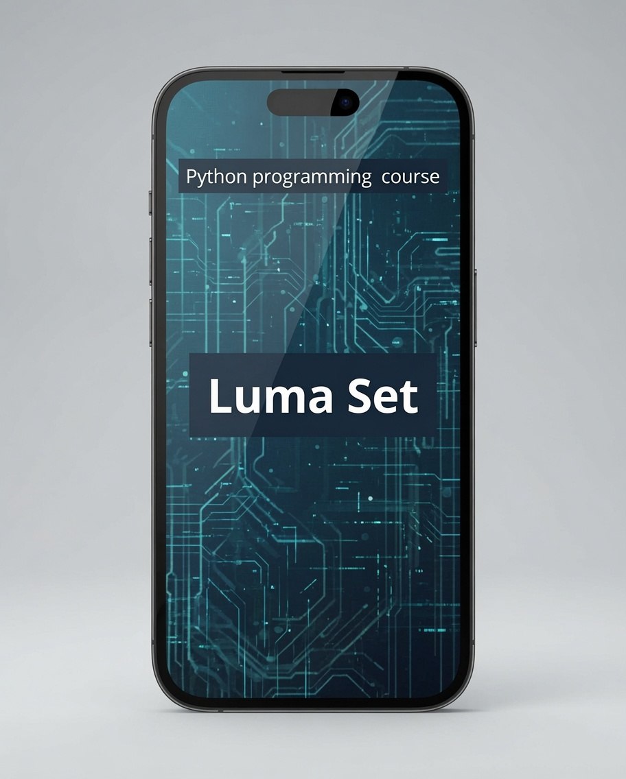 A smartphone centered on a light gray background, displaying a course cover for a Python programming course titled 'Luma Set' with a dark blue circuit-board pattern.
