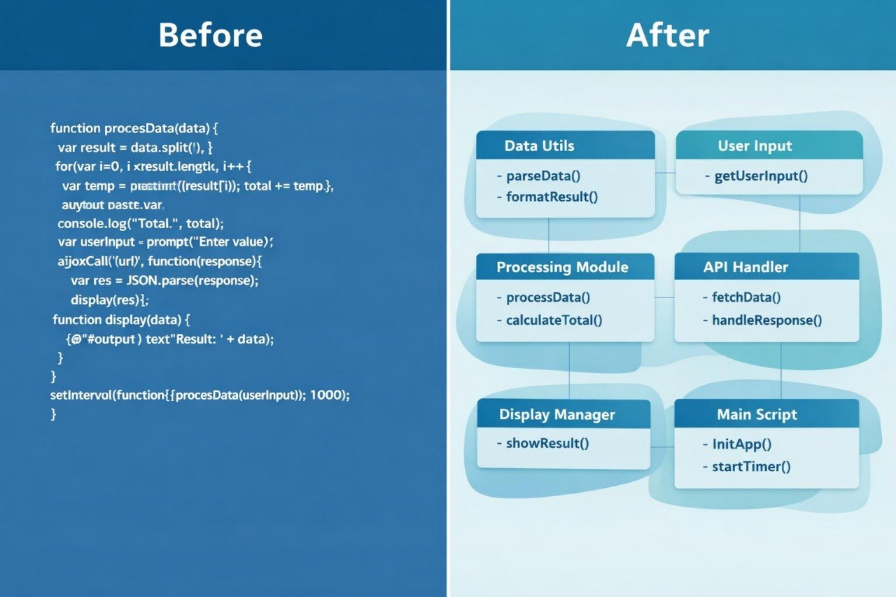 A split-screen diagram comparing a JavaScript 'Before' state with an 'After' state. The left side shows a blue background with a JavaScript function example labeled 'Before'.