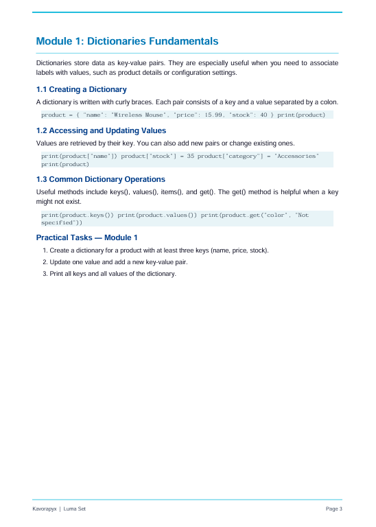 A single printed page with blue headings and black text explaining dictionary fundamentals, including code examples and practical tasks, on a white page.