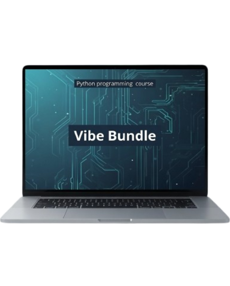 A silver laptop shown open against a plain white background, with the screen displaying a dark teal circuit-board graphic and the text 'Python programming course' and 'Vibe Bundle'.