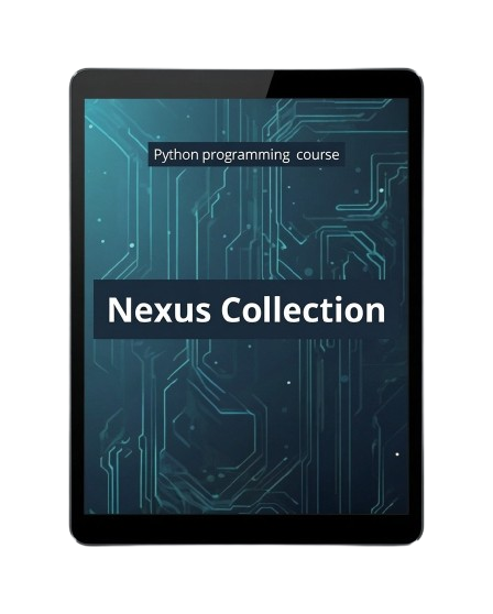 A tablet device centered on a white background, displaying a digital cover for a 'Python programming course' titled 'Nexus Collection' with a dark blue circuit-board pattern.