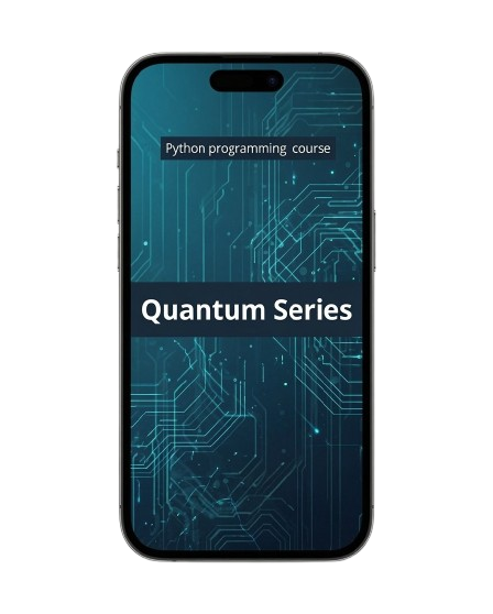 A smartphone centered on a light gray background, displaying a digital cover for a 'Quantum Series' Python programming course with a dark teal and black circuit board pattern.