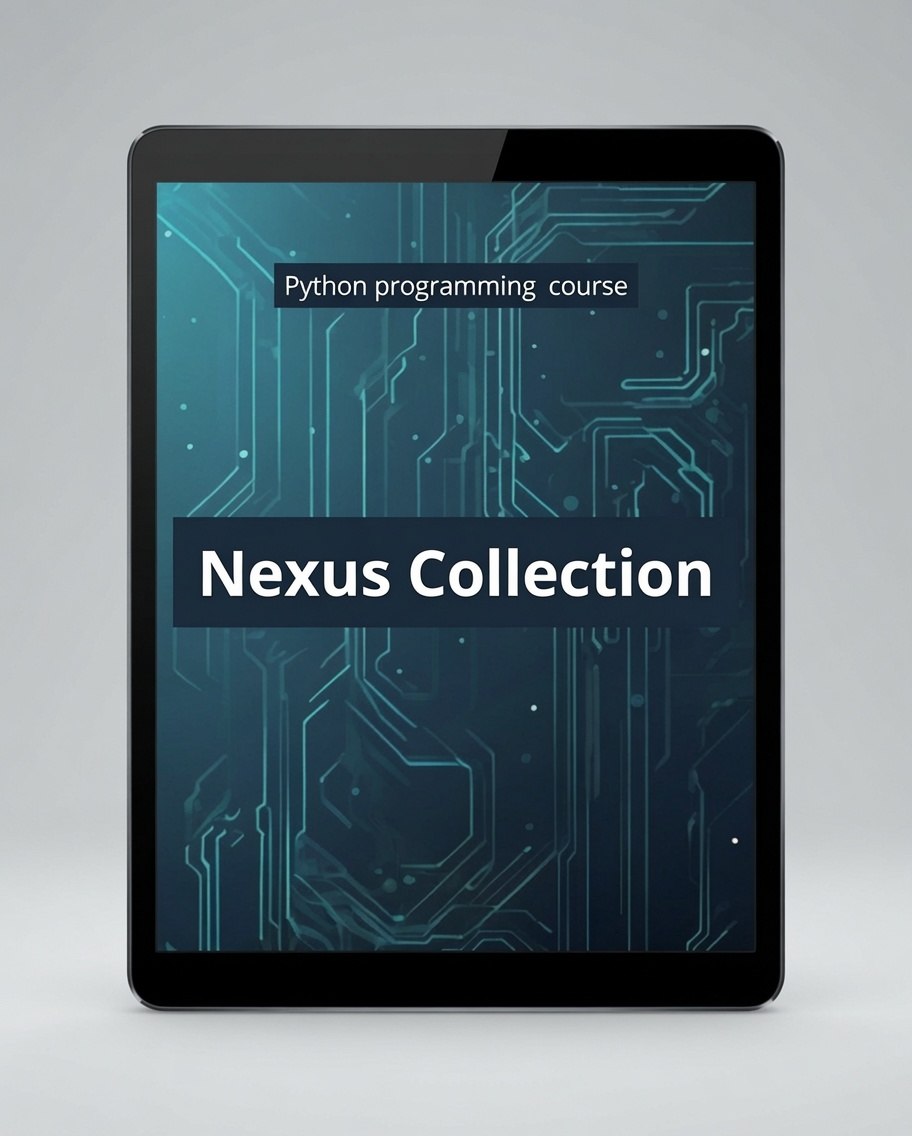 A tablet device displaying a digital cover for a 'Python programming course' titled 'Nexus Collection' over a teal circuit-board background, shown on a light gray studio background.