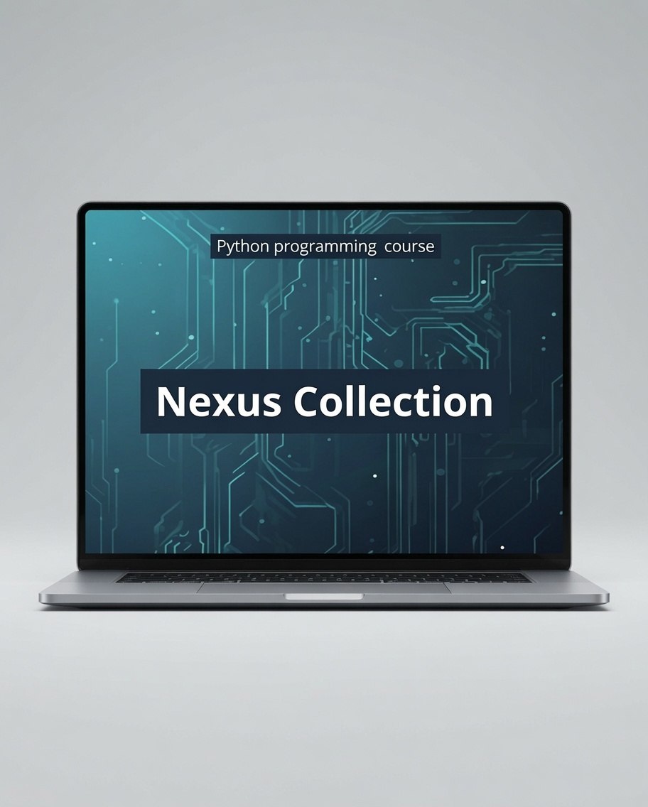A silver laptop centered on a light gray background, displaying a course screen with the text 'Python programming course' and 'Nexus Collection' over a dark teal circuit-board graphic.