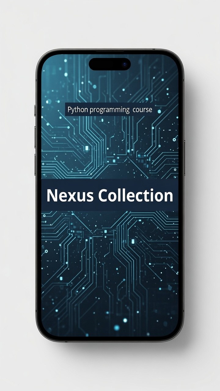 A smartphone centered on a light gray background, displaying a course cover for a Python programming course titled 'Nexus Collection' over a dark blue circuit-board pattern.