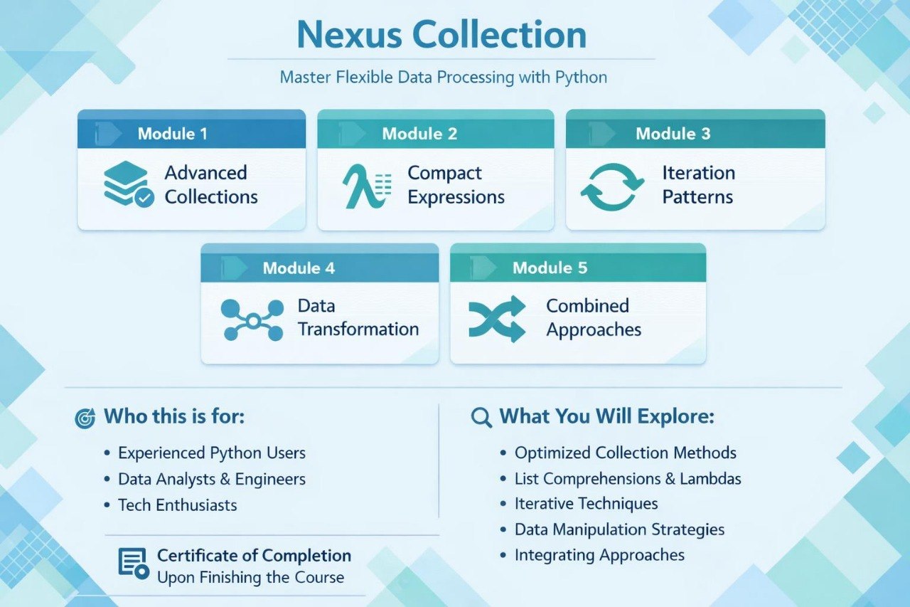 An infographic-style course overview for 'Nexus Collection' showing five modules: Advanced Collections, Compact Expressions, Iteration Patterns, Data Transformation, and Combined Approaches, with text about who it is for and what is included.