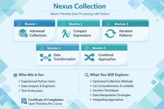An infographic-style course overview for 'Nexus Collection' showing five modules: Advanced Collections, Compact Expressions, Iteration Patterns, Data Transformation, and Combined Approaches, with text about who it is for and what is included.