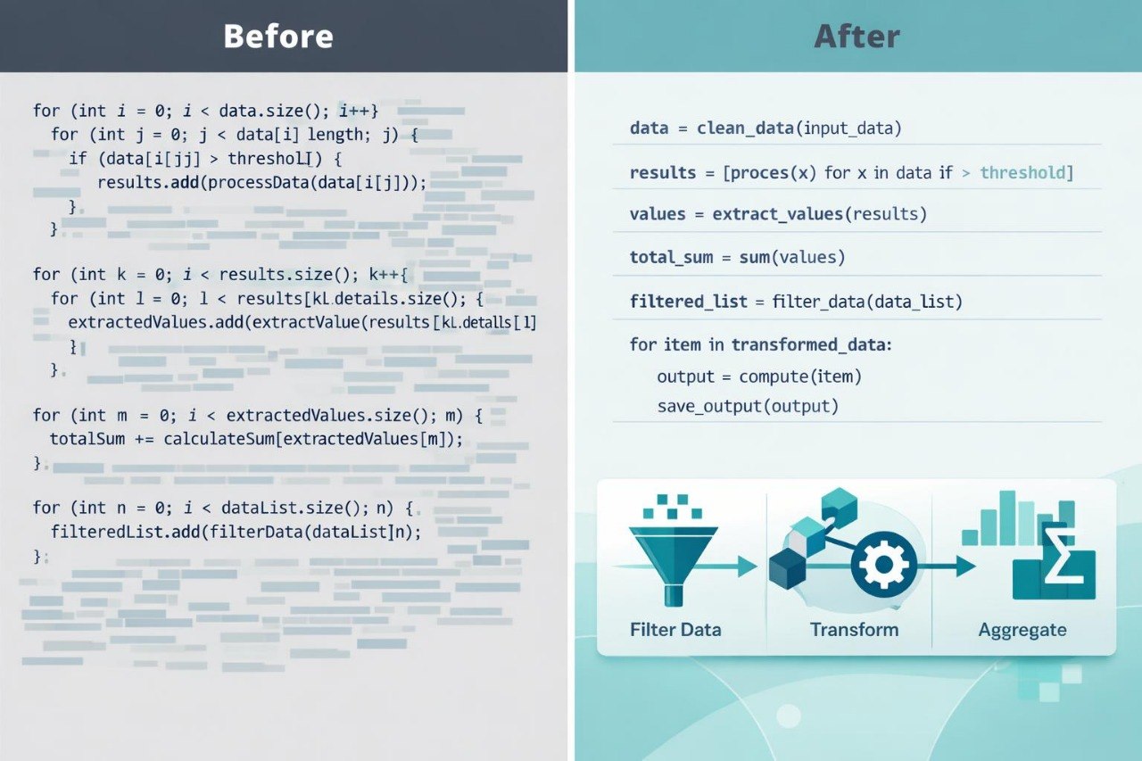 A before-and-after comparison graphic showing SQL code on the left labeled 'Before' and processing logic plus a filter, transform, and aggregate workflow diagram on the right labeled 'After'.