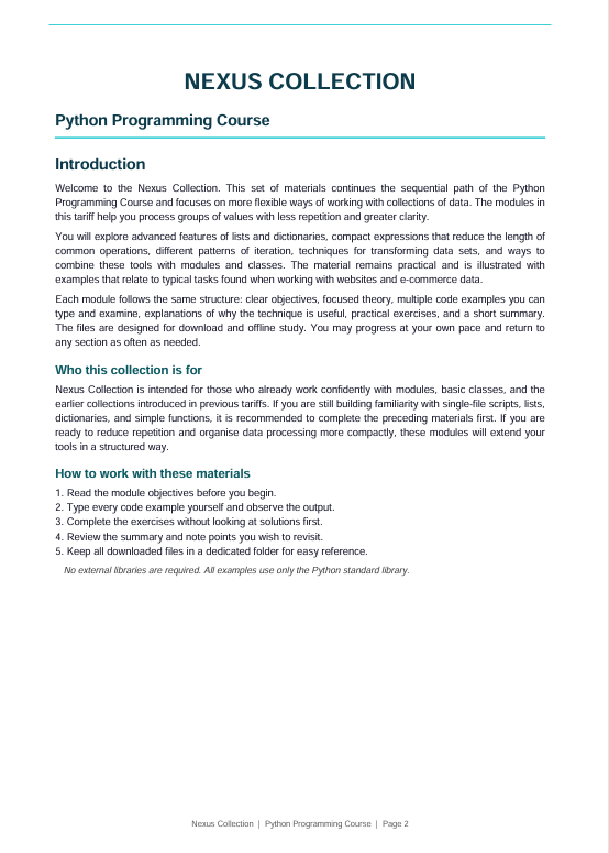 A digital preview page of the 'Nexus Collection' Python Programming Course, featuring an Introduction section with text and a 'How to work with these materials' guide.