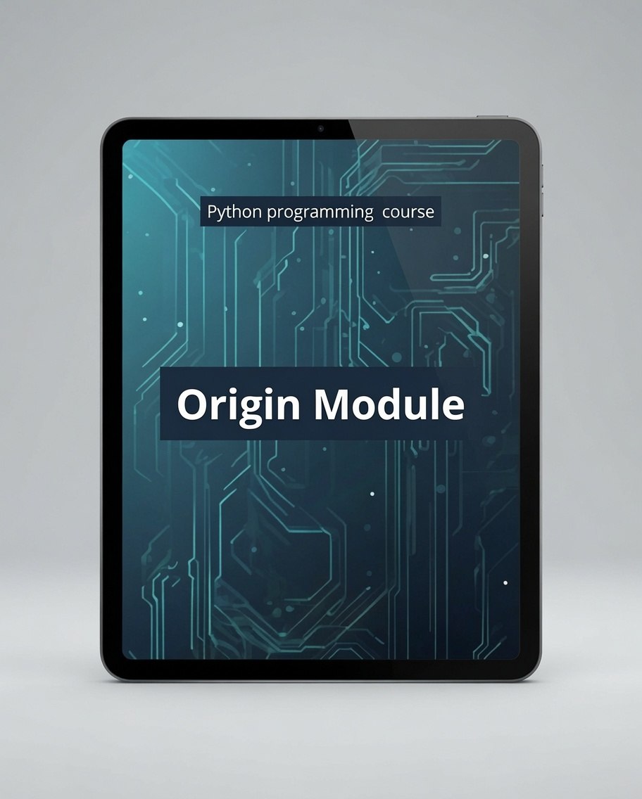 A tablet device displaying a digital cover for a Python programming course titled 'Origin Module' against a light gray background.
