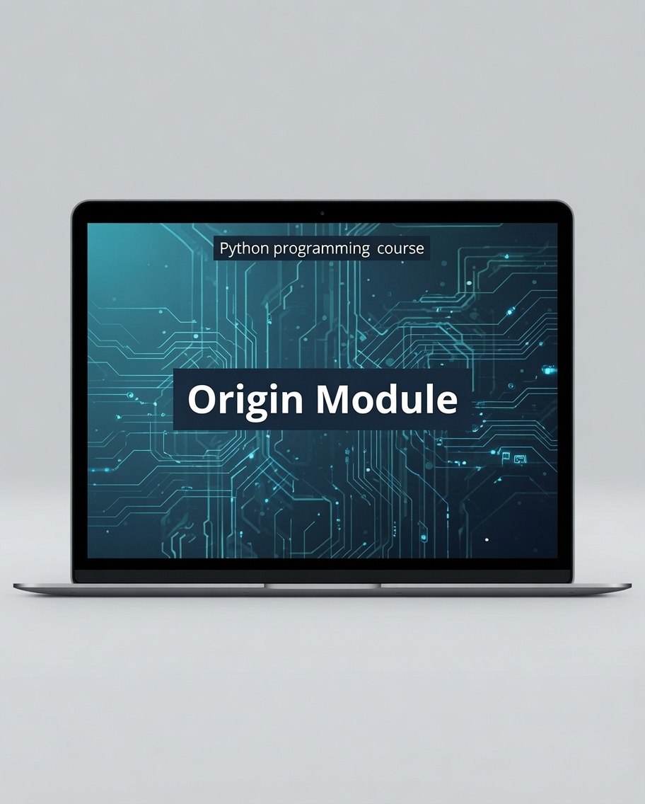 A laptop on a light gray background displaying a digital cover for a Python programming course titled 'Origin Module' with a blue circuit board pattern.