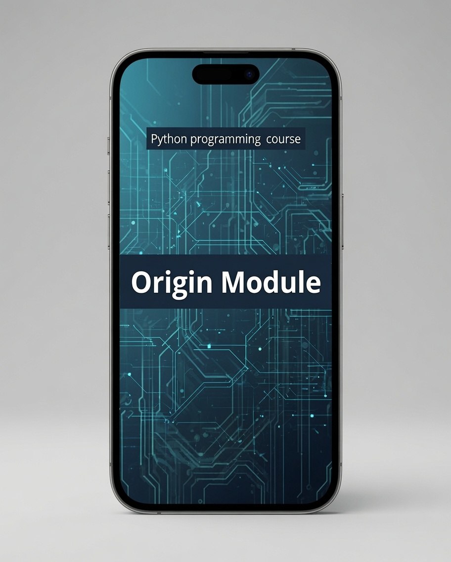 A smartphone centered on a light gray background, displaying a digital course cover for a Python programming course titled 'Origin Module' with a dark blue and teal circuit board pattern.