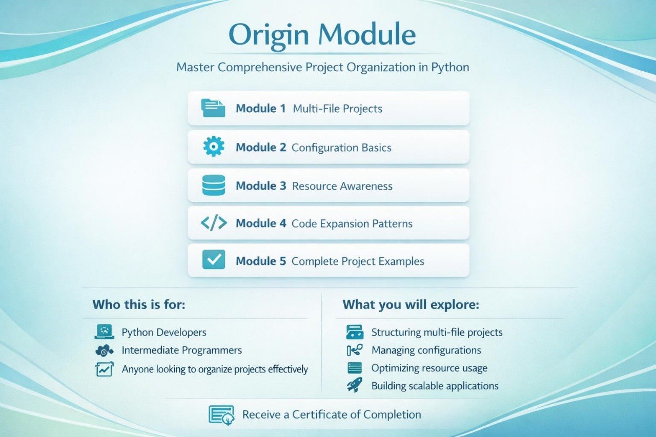 A digital cover graphic for a Python project organization module titled 'Origin Module'. The graphic features a light blue and white gradient background with wavy teal accents.