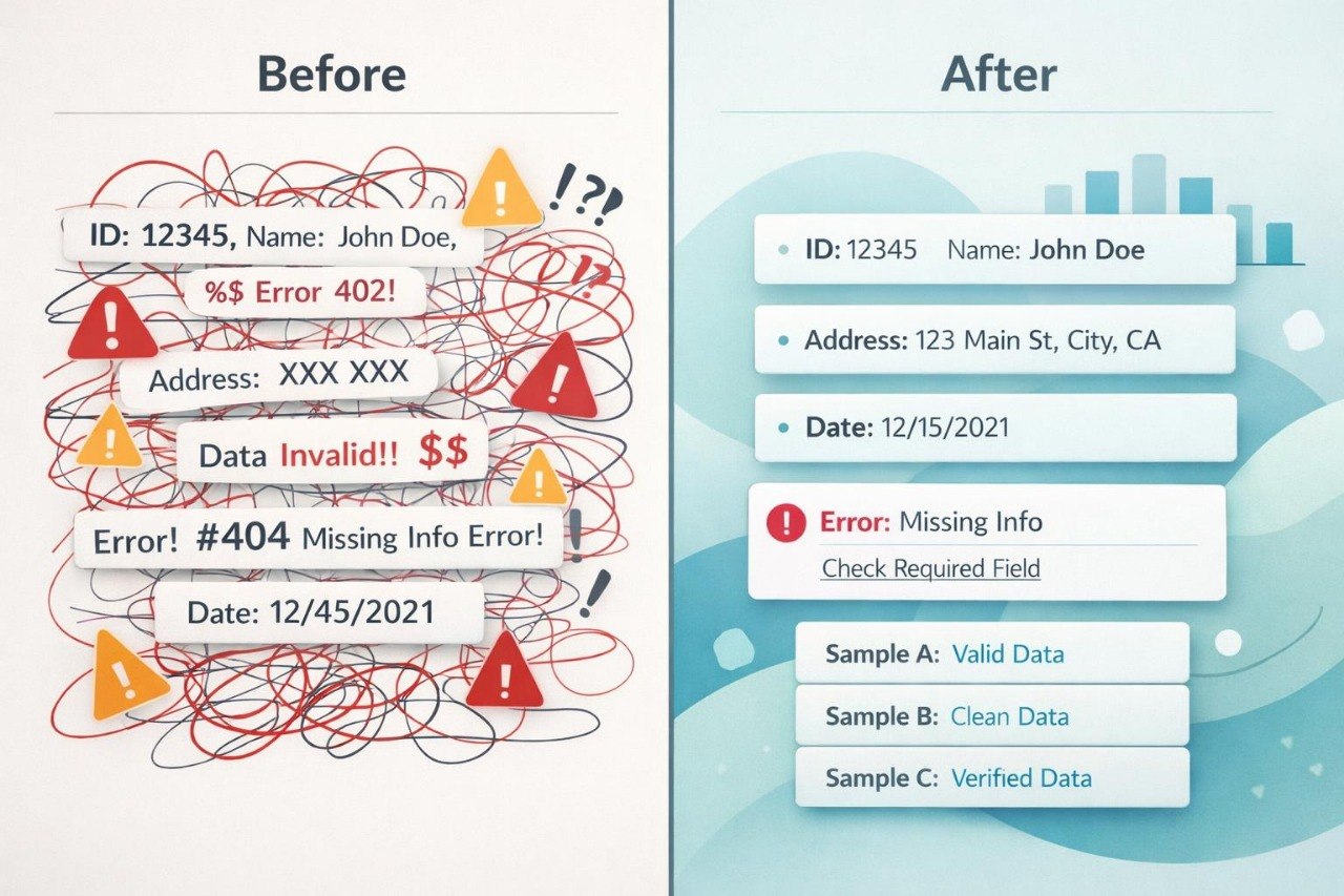 A before-and-after comparison graphic showing messy, cluttered error-filled data fields on the left labeled 'Before' and clean, organized data fields on the right labeled 'After' against a split white and light blue background.