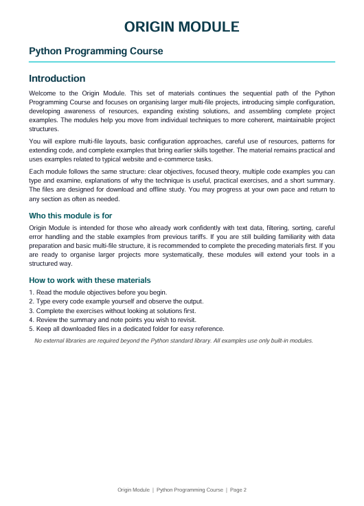 A scanned or photographed page from a Python Programming Course document titled 'ORIGIN MODULE' with sections including Introduction and How to work with these materials, shown on a white page with black text and blue headings.