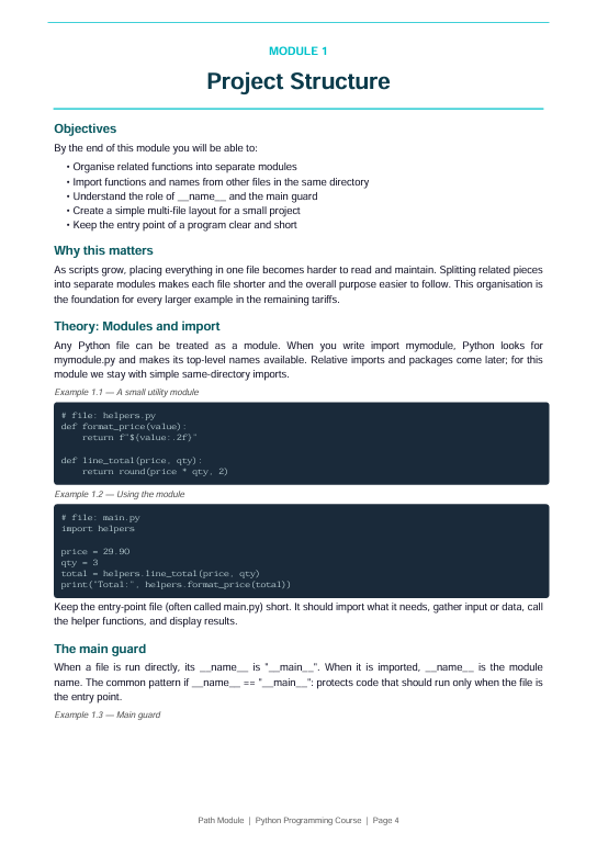 A printed or digital educational module page titled 'Project Structure' under 'MODULE 1', with text sections, objectives, theory notes, and Python code examples on a white page.