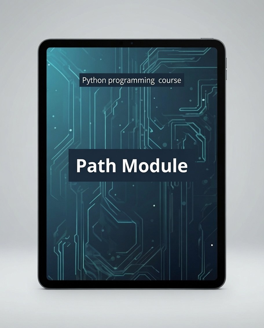 A tablet device displaying a digital cover for a Python programming course titled 'Path Module' over a blue circuit-board background, shown on a light gray studio background.