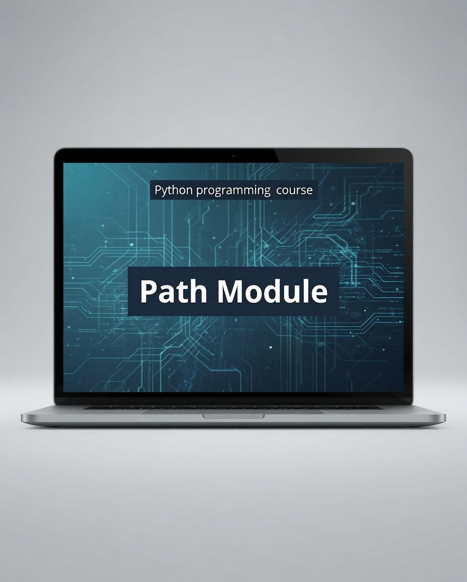 A silver laptop on a light gray background, displaying a digital cover for a Python programming course titled 'Path Module' with a blue circuit board pattern.